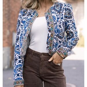AVARA Natasha Jacket Women's Size Medium Multicolor Print Embroidered Trim Crop